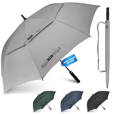 Gonex Windproof Double-ribs Golf Umbrella, 68 inch Auto Open Strong 2x8 Ribs Extra Large Double Vented Canopy Waterproof Rain Umbrella with Comfortable Handle,Oversized Sun Umbrella for 2-3 Men/Women, Grey