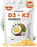 VEV Vitamin D3 Con K2 10000 IU, 300 Virgin Coconut Oil Softgels, 2 in 1 Vitamins Supplement D & K (Include MK7), Easy to Swallow, Supports Calcium Absorption, Bone Health(Packaging May Vary)