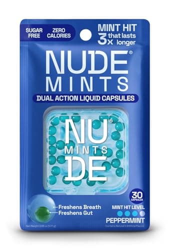NUDE MINTS | Dual Action Liquid Capsules | Mouth Watering Mint - Lasts 3X Longer - 3X Stronger - Extreme Bad Breath Treatment For Adults - Sugar Free, 0 Calorie - Peppermint - 5 Pack - 150 Capsules
