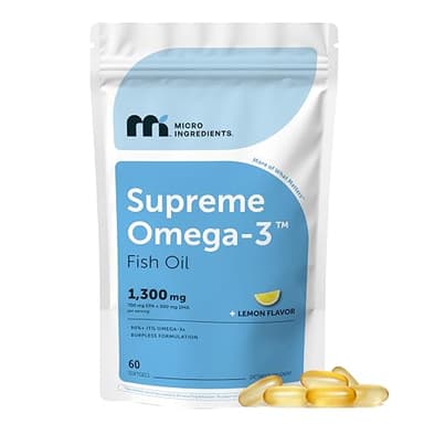 Micro Ingredients Supreme Omega-3 Fish Oil w/Ultra High EPA & DHA, Burpless Softgels | rTG Omega-3 with Vitamin D3 | Wild-Caught Cold Deep-Sea Fish | Lemon Flavor, Easy to Swallow, 60ct
