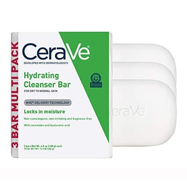CeraVe Hydrating Cleanser Bar, Soap-Free Body and Facial Cleanser with 5% Moisturizing Cream, Fragrance-Free, 3-Pack, 4.5 Ounce Each