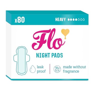Flo - Night Menstrual Pads (80 Pack) - Organic Bamboo Period Pads for Women - Heavy Flow - Leak Locking - Winged, Ultra-Thin - Absorbent, Soft & Breathable - Plant Based – Vegan, Cruelty Free