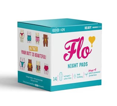 Flo - Night Menstrual Pads (14 Pack) - Heavy Flow - Leak Locking - Winged + Ultra-Thin - Natural, Absorbent, Soft, & Breathable - Bamboo Period Pads for Women - Plant Based - Vegan & Cruelty Free