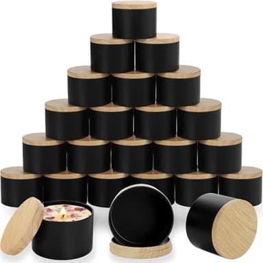 ABK 24PCS 4oz Black Candle Tins With Wood Grain Lids, Matte Jars for Candle Making, Empty Metal Container