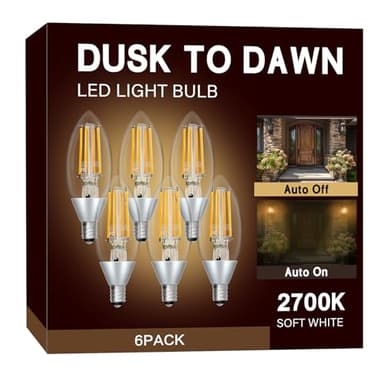 UNILAMP Dusk to Dawn Light Bulbs, Outdoor Candelabra Light Bulbs, 5W Equivalent 40W, 2700K Soft White, 500LM, Edison Vintage Filament E12 Base, Photocell Sensor for Sconces Porch Patio Garage, 6 Pack