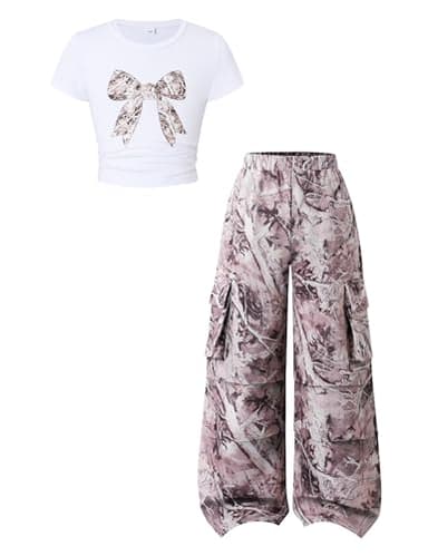 Azmxynol Tween Girl Clothes 2 Piece Outfit Trendy Short Sleeve T-Shirt Top + Cargo Pants Juniors Girl Spring Summer Fall Kids Cute Casual Clothing Set Size 11 12