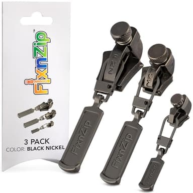 FixnZip (Black Nickel 3 Pack S,M,L) - Universal Zipper Repair Kit for Jackets, Luggage, Bags - Backpack Zipper Replacement Repair Kit - Instant Zipper Fix