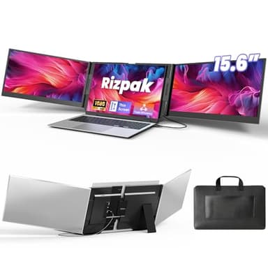 Rizpak One Cable Laptop Screen Extender, 15.6” Ultra-Slim Triple Portable Monitor, 1080P FHD IPS Display, USB-C/USB-A Connection, Travel Monitor for 13–17.3" Laptops, MacOS/Windows/Android
