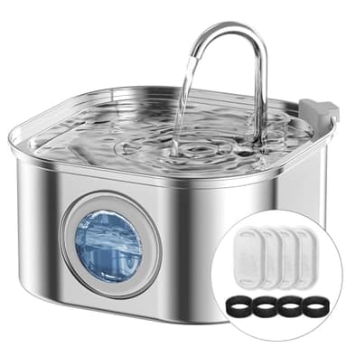 NautyPaws Cat Water Fountain Stainless Steel: 108oz/3.2L Automatic Pet Water Fountain - Dog Water Dispenser with Water Level Window - for Cats Inside with 4 Replacement Filters and 4 Sponges