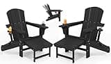 KINGYES Folding Adjustable Adirondack Chairs with Ottoman & 2 Cup Holders Set of 2, HDEP Multifunctional Adirondack Chair with Footrest, Black