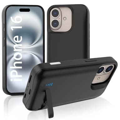 Battery Case for iPhone 16, 7000mAh Extended Charging Case with Kickstand for Apple 16, Portable Backup Phone Charger Cover for 16(6.1") Black