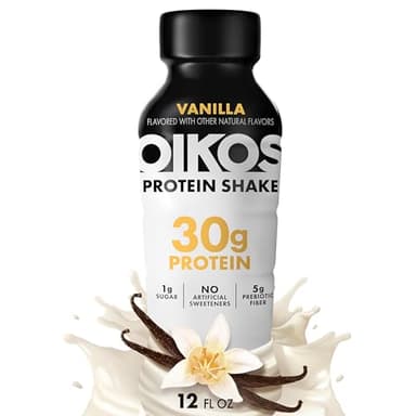 Oikos Protein Shake, Vanilla, 30g High Protein Drinks, Shelf Stable, Ready to Drink, 5g Prebiotic Fiber, 12 fl oz Bottle