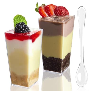 TOFLEN 50 Pack 3 oz Square Mini Dessert Cups with Spoons Clear Plastic Dessert Shooter Cups for for Party, Yogurt, Parfait, Cheesecake, Pudding, Jello and Appetizers
