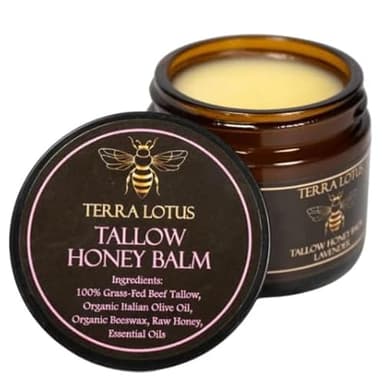 Terra Lotus - Organic Grass-Fed Beef Tallow Balm with Raw Honey - Moisturizing Cream for Soft, Smooth Skin - Handmade All-Natural Moisturizer (2 Oz, Lavender)