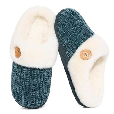 Evshine Women's Fuzzy Memory Foam Slippers Chenille Knit bedroom House Slippers Fluffy Plush Warm Slip-on Indoor Shoes, Buttoned Green, 40-41 (Size 8-8.5)