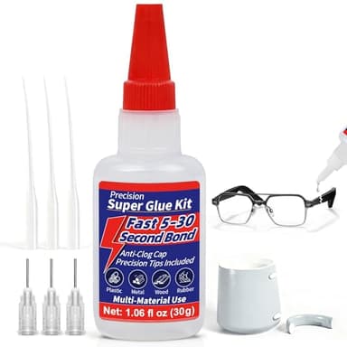 Precision Super Glue Kit, 1.06 fl oz (30g) — CA Glue with Anti-Clog Cap, 3 Metal Applicator Tips & 3 Extension Tubes — Fast-Setting Instant Adhesive for Plastic, Metal, Ceramic, Wood, Rubber & DIY