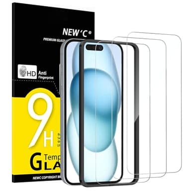 NEW'C 3 Pack Designed for iPhone 16, iPhone 15 Screen Protector (6.1 inches),Enhanced Tempered Glass Protection with easy installation tool included,Ultra Resistant