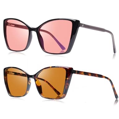 JFXQDR Women's 2 Pack Indoor Fluorescent-41 Rose & Outdoor Fluorescent-60 Brown Cat Eye Tinted Blue Light Blocking Glasses for Migraine, Light Sensitivity, Photophobia LED Gaming Computer Screen Glare