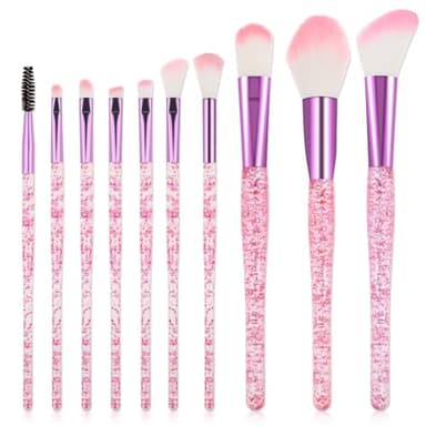 10 PCS Glitter Crystal Makeup Brush Set Cute Makeup Brushes Bling Professional Concealer Eye Shadow Eyeliner Blush Lip Blending Synthetic Brushes Tools Kit Face Cosmetics Blending Brushes for Women