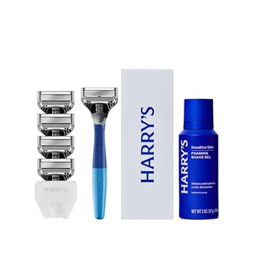 Harry's Original Shaving Kit for Men - Razor Handle, 5 Razor Blade Refills, Foaming Shave Gel, and Travel Blade Cover - Ocean Blue