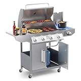 SKOK 4-Burner Propane Gas BBQ Grill with Side Burner & Porcelain-Enameled Cast Iron Grates,Stainless Steel Grill with 544 Sq. In. Grilling Area for Outdoor Cooking,58,000 BTU Output