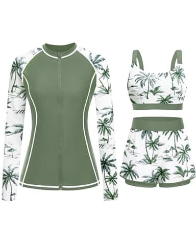 Green Palm Tree 3 Piece Rash Guard for Women - Long Sleeve Swimsuits with Shorts SPF Zip up Swim Shirt with Built in Bra L