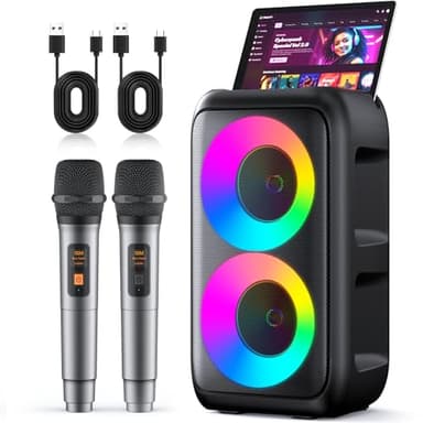Karaoke Machine for Adults Kids, Portable Bluetooth Speaker with 2 Wireless Microphones, TWS Mode & LED Light, 10H Battery PA System Stage Monitors,Home Party Outdoor Birthday Easter Gifts(Black)