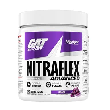 GAT SPORT, Nitraflex Advanced Pre-Workout Powder, Increases Blood Flow, Boosts Strength and Energy, Improves Exercise Performance (Grape, 30 Servings)