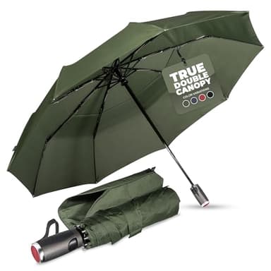 LifeTek Traveler 45 FX2 Windproof Travel Umbrella, Automatic Open Close, Compact for Rain and Sun, Fits in Purse or Backpack, Strong Heavy Duty Frame, Durable, UV Protection, Small and Portable Green