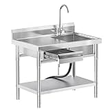 EHVCISTQ Stainless Steel Utility Sink Freestanding Single Bowl Laundry Sink with Hot and Cold Water Plumbing Workbench Drawers for Laundry Room Farmhouse Indoor and Outdoor Sink