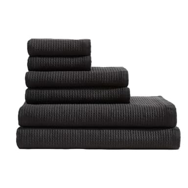 Calvin Klein – Bath Towel Set, Soft Cotton with Textured Waffle Front & Terry Back, Lightweight 650 GSM – 6-Piece Set Includes Bath, Hand & Fingertip Towels with Hanging Loop (Eternity Black)