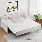 Rophefx Twin Daybed with Pop Up Trundle, Twin to King Size Day Bed w/USB, Upholstered Day Bed with Trundle Bed Twin, No Box Spring Needed, Wood Sofa Bed for Living Room, Bedroom, Linen Beige