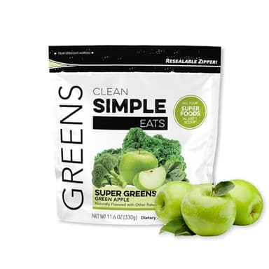 Clean Simple Eats Super Greens Powder, Naturally Flavored Greens Powder with Chlorella, Spirulina, Superfoods & Prebiotic Fiber, No Artificial Ingredients, Gluten Free, Green Apple Flavor, 30 Servings