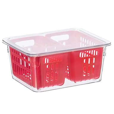 Oggi Berry Container for Fridge - Double Colander Basket - Ideal Berry Containers for Fridge, Includes Berry Colander Insert (8.75" x 6.75" x 3.75"), Red