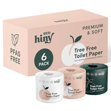 ecoHiny Premium & Soft Bamboo Toilet Paper | PFAS Free | 6 Mega Rolls, 3 ply & 350 Sheets | Non Toxic, FSC Certified, Septic Safe, BPA Free | Tree Free Toilet Tissue | Plastic Free Packaging