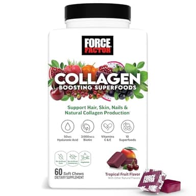 Force Factor Collagen Boosting Superfoods, Vegan Collagen Booster for Women, with Biotin, Hyaluronic Acid, and Vitamin C, for Hair, Skin, Nails, & Joint Support, Tropical Fruit, 60 Soft Chews