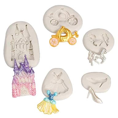 5Pcs/Set Cinderella Fondant Mold Fairy Tales Castle Pumpkin Carriage Princess Dress Crystal Shoes Silicone Chocolate Candy Mold Gum Paste Sugar Craft Cake Cupcake Decorating Tool Resin Clay Mould