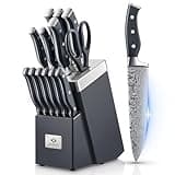 Knife Block Set, AMEGAT Knife Set with Advanced Self-Sharpening Technology, 14-Piece Waved Texture Kitchen Knife Set, Stainless Steel Knife Set with Block, Razor-Sharp Knives and Full Tang Handle