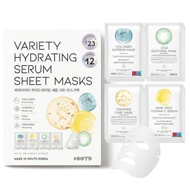 #OOTD Face Mask Korean Skincare for Dry Sensitive Skin | Hydrating, Revitalizing, Calming, Collagen, Ceramide, Cica, Vitamin C Serum Sheet Masks (12EA)