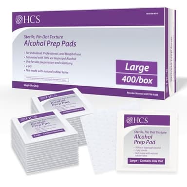 HCS Large Alcohol Prep Pads - 70% Isopropyl Alcohol Wipes, Individually Wrapped - 2 ply, Textured, Sterile Skin Prep Swabs (400/Box)