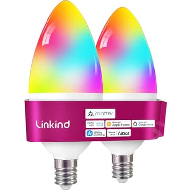 Linkind Matter Smart Light Bulbs, E12 Led Bulb Compatible with Alexa, 500LM Smart Bulbs for Chandelier, Color Changing RGBTW Candelabra Bulbs, 2.4Ghz WiFi Only, 2 Pack