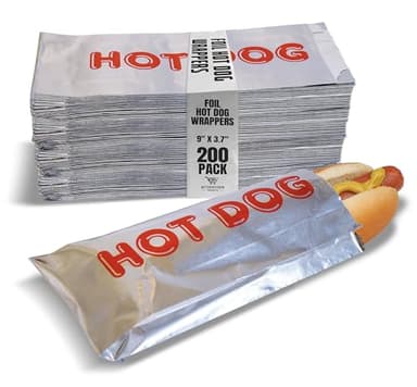 Better Kitchen Products Foil Hot Dog Wrappers, 9" x 3.7", Insulated Grease Resistant Hot Bag Sleeves, Disposable Foil Paper Hot Dog Bags (200 Pack)