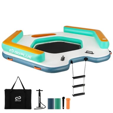 Goplus Inflatable Floating Dock, 8.7FT x 8.7FT Inflatable Dock Platform w/Detachable Ladder, Carry Bag, Water Mat Floating Platform Island Raft for Lake, Beach, Pool