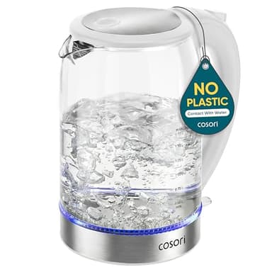 Cosori Electric Kettle, No Plastic Contact With Water, Wide Mouth For Easy Cleaning, Auto Shut Off, 1.7L Tea Kettle & Hot Water Boiler, Water Heater & Teapot, Borosilicate Glass, White, 1500W