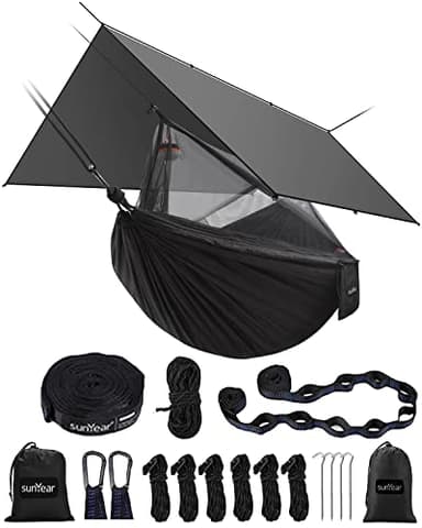 Sunyear Hammock Camping with Rain Fly Tarp and Net, Portable Camping Hammock Double Tree Hammock Outdoor Indoor Backpacking Travel & Survival, 2 Tree Straps,100% Waterproof Black Bundle