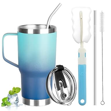 GUDEMAO 20 oz Tumbler with Handle, Stainless Steel Insulated Tumbler with Lid and Straw, Double Wall Vacuum Coffee Mug Tumbler,Insulated Coffee Thermal Cup for Cold and Hot(Light Dark Blue)