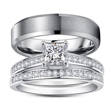 Corato Promise Rings for Couple - Princess Cut Fake Engagement Ring Set & Men's Tungsten Ring - Wedding Rings for Him and Her Women 7+ Men 11