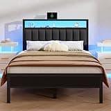 Furnulem Full Size Bed Frame with Charging Station and LED Lights, Platform Bed with Metal Slats, Grey Upholstered Headboard with 2-Tier Storage Shelves, No Box Spring Needed