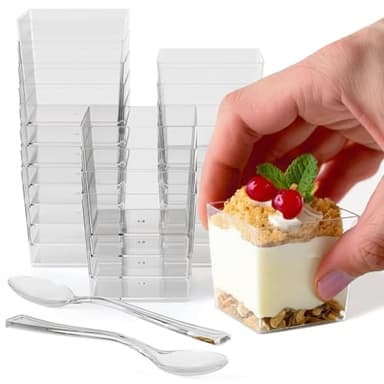 Exquisite Mini Dessert Cups with Spoons 200 pcs - 3.1 Oz Square Plastic Dessert Cups Disposable with Tasting Spoons 100 sets | Mini Parfait Cup | Appetizer Cup for Party
