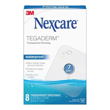 Nexcare Tegaderm Waterproof Transparent Dressing, Dirtproof, Germproof, Provides Protection To Minor Burns, Scrapes, Cuts, Blisters And Abrasions, 2.375 x 2.75 in, 8 Count